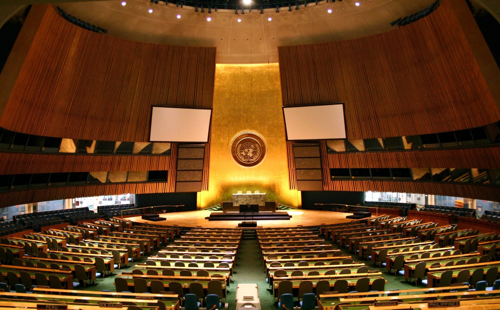 United Nations General Assembly hall in New York viewed from the delegates’ floor.