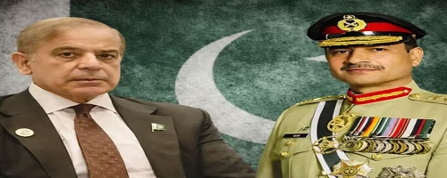 Pakistan Prime Minister Shehbaz Sharif and Field Marshal Asim Munir pictured together against the Pakistani flag